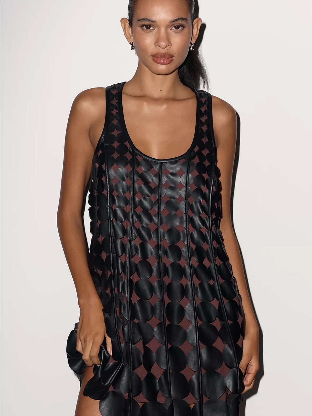 Anthropologie MAEVE Faux Leather Sleeveless Swing Dress Black Circles Mini Sz XS